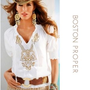 Boston Proper Ivory Embellished V-neck Peasant Top Blouse
